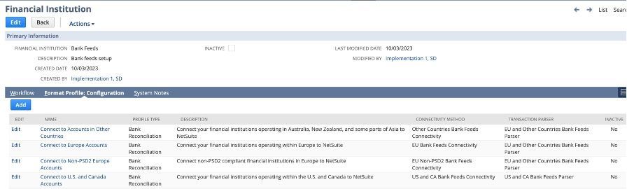 A screenshot of the financial institution set up in NetSuite. 