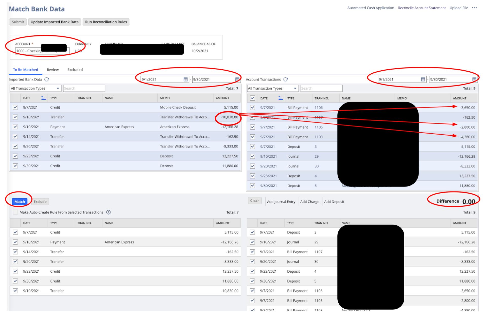 The fourth screenshot showing how to complete a bank reconciliation in NetSuite.