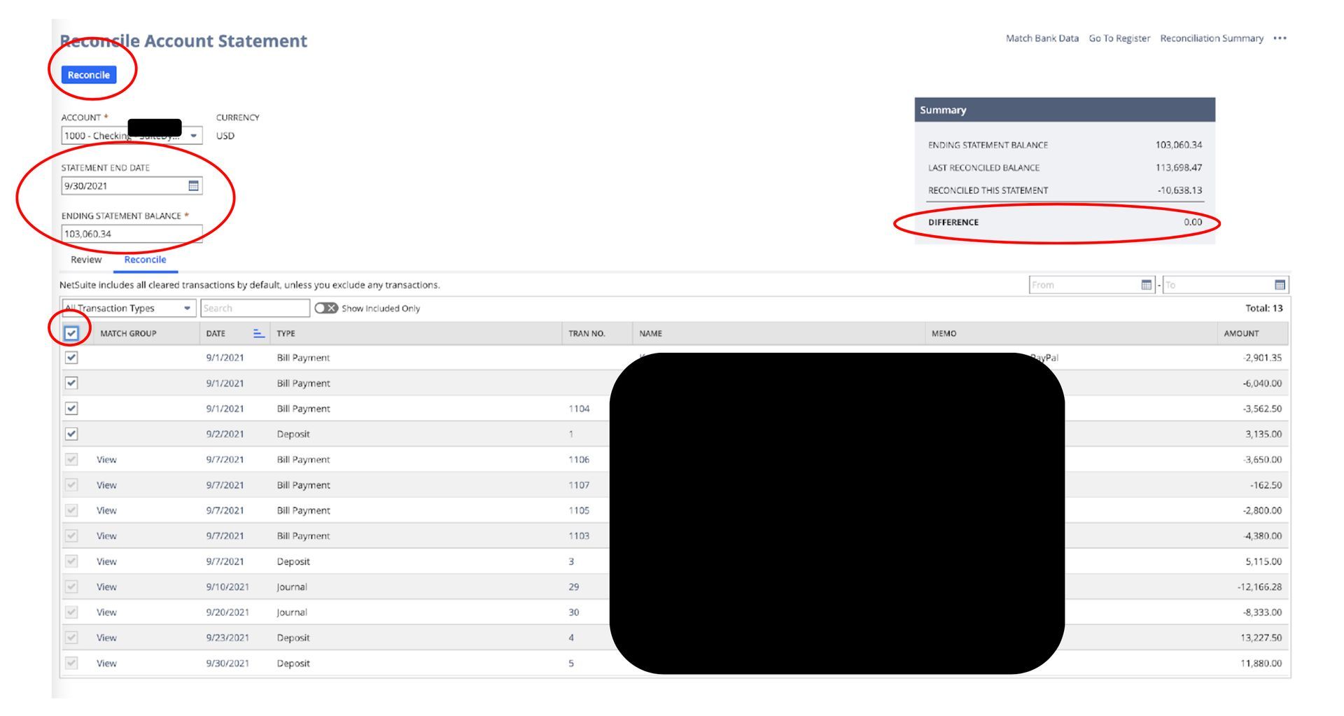 This is the seventh screenshot showing how to reconcile bank statements in NetSuite.