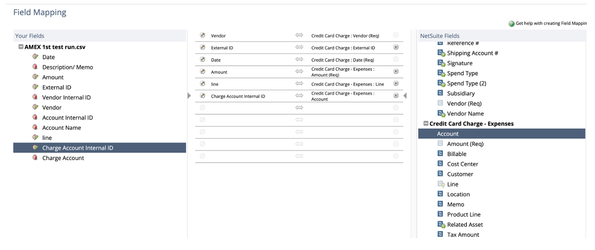 A screenshot of the Field Mapping step for credit card processing in NetSuite.