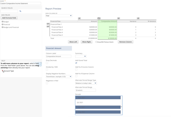 Screenshot of the next step to customizing comparative income statements in NetSuite.