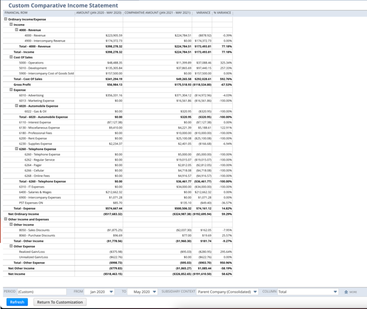 Screenshot of the last step in customizing comparative income statements in NetSuite.
