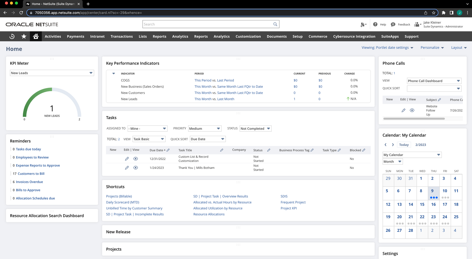 This is a screenshot of an administrator's NetSuite dashboard.
