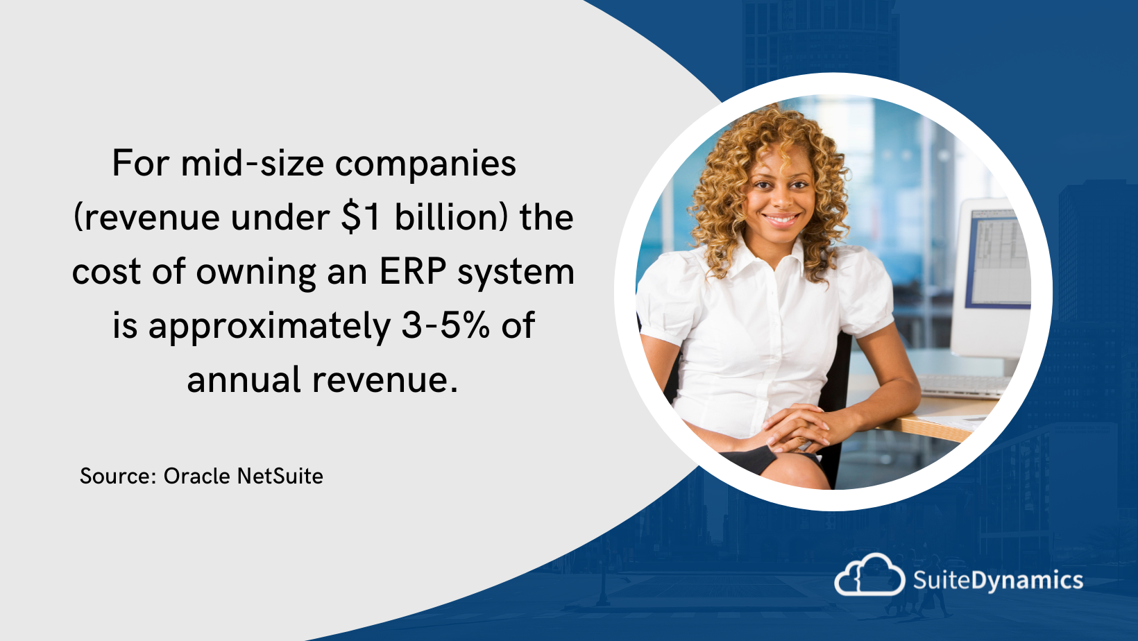 This graphic discusses the benefit of obtaining NetSuite licenses. It features a woman in front of an office computer.