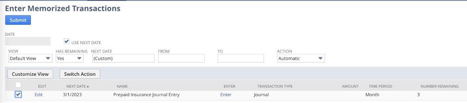 The ninth screenshot illustrating how to create memorized transactions in NetSuite.