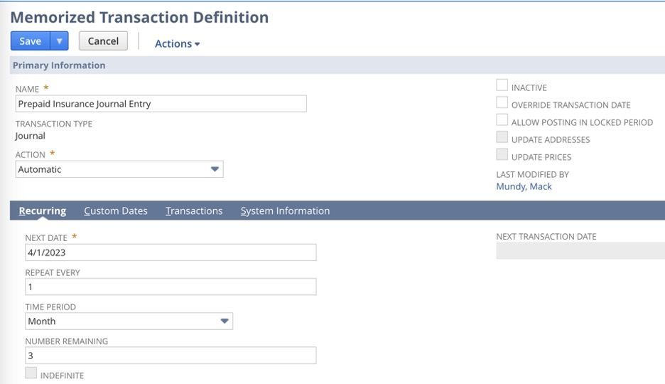 The fourth screenshot illustrating how to create a memorized transaction in NetSuite.