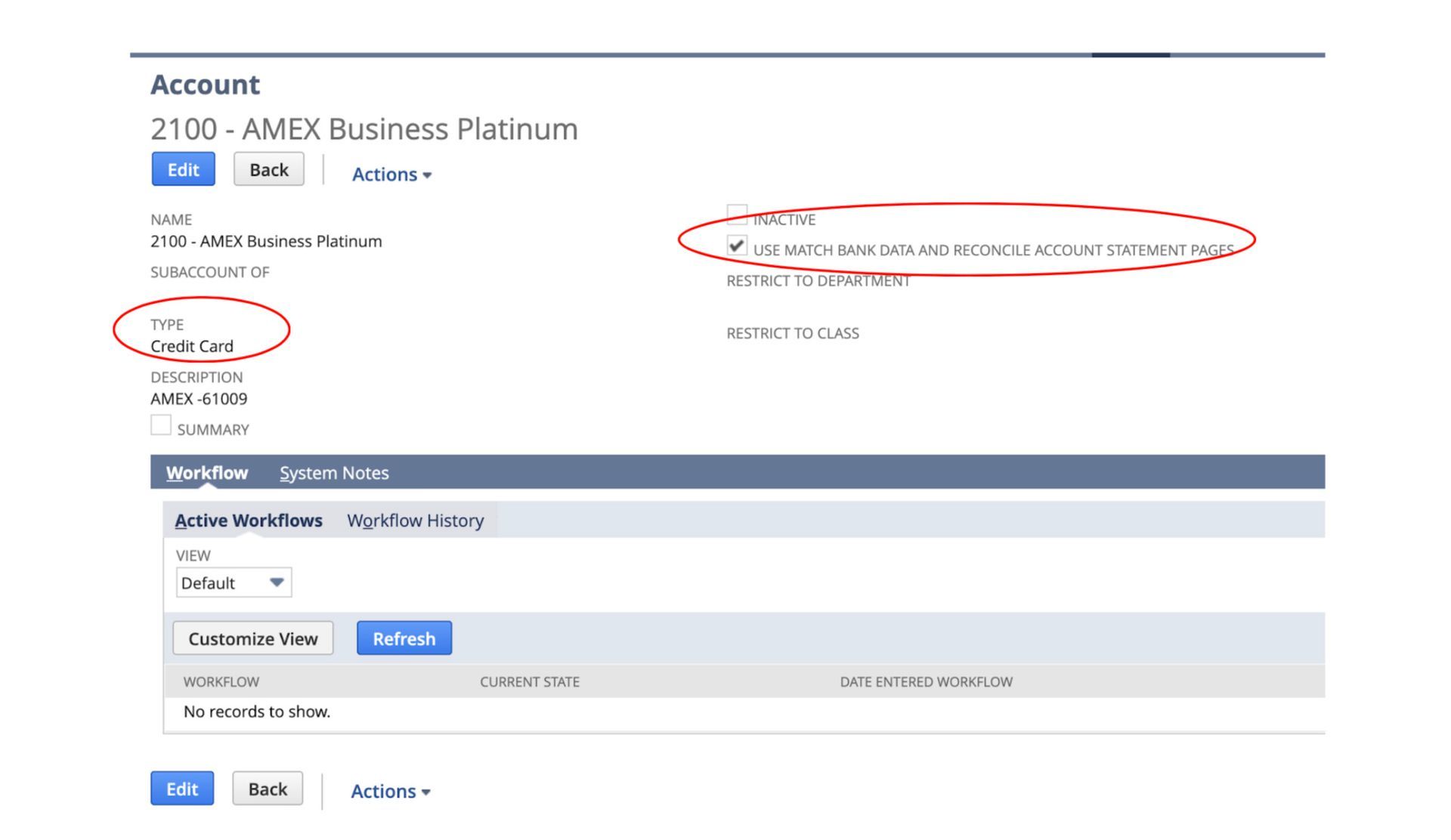 The first screenshot showing how to reconcile a credit card statement in NetSuite. 