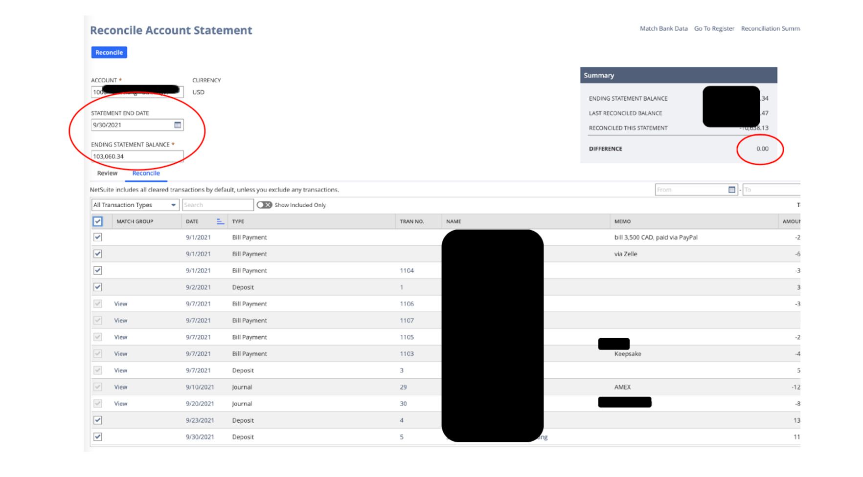 The sixth screenshot showing how to reconcile a credit card statement in NetSuite. 