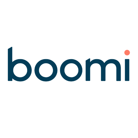 A blue and red logo for boomi on a white background.