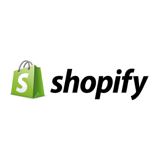 A shopify logo with a green shopping bag on a white background.