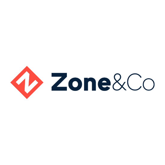 The logo for zone & co has a red diamond in the middle.