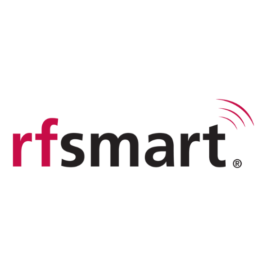 A red and black logo for rfsmart on a white background