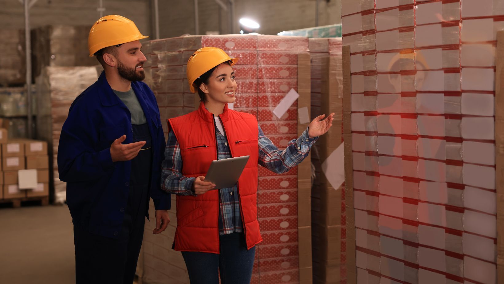 A man and a woman are standing in a warehouse looking at boxes.