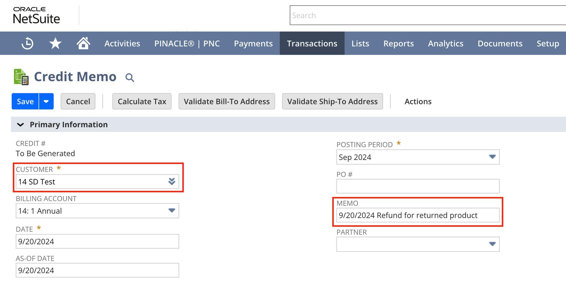 Screenshot showing how to create a credit memo. 