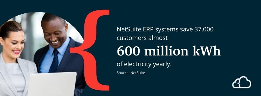 Graphic stating that NetSuite systems save 37,000 customers almost 600 million kilowatt-hours of electricity yearly. 