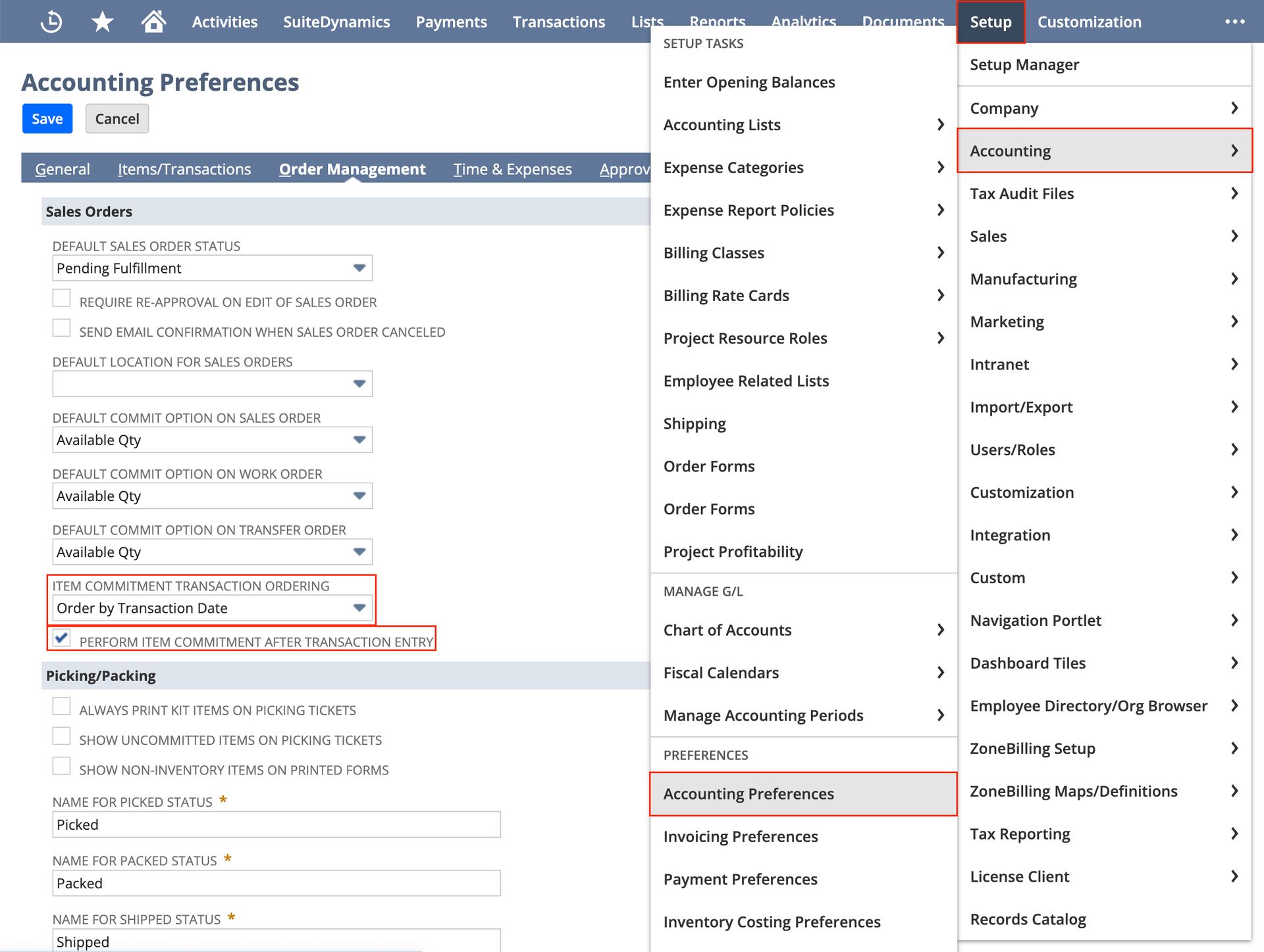 Screenshot of the setting backorder preferences in NetSuite. 