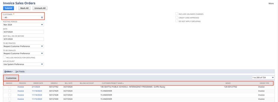 The second screenshot showing how to perform mass invoicing in NetSuite. 
