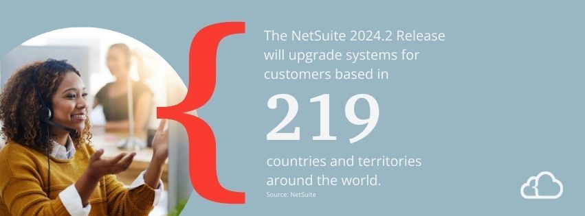 Graphic stating that the NetSuite 2024.2 release will upgrade systems for customers based in 219 countries and territories around the world. 