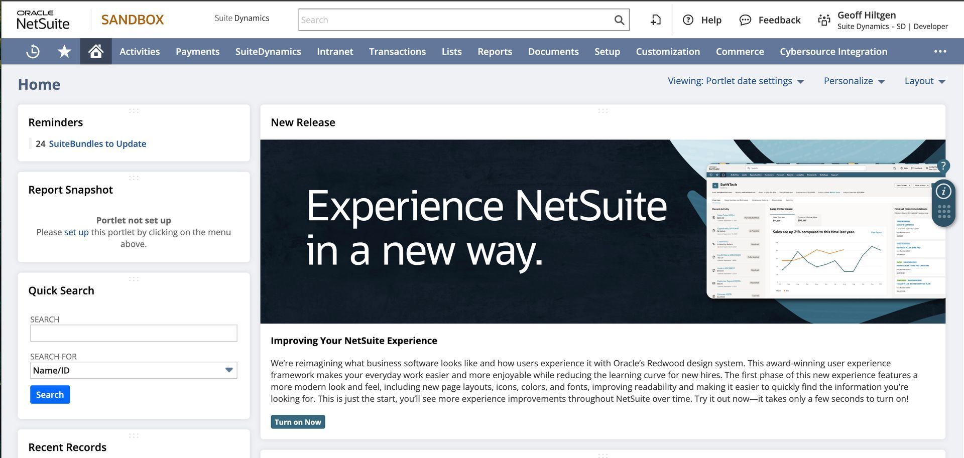 Screenshot of a NetSuite sandbox.