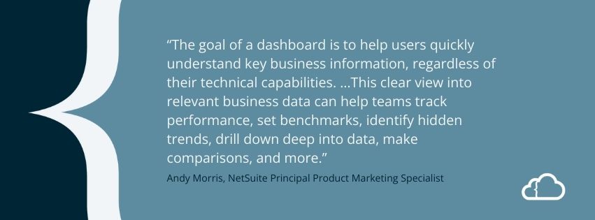 Graphic with a quote from Andy Morris about NetSuite dashboards. 