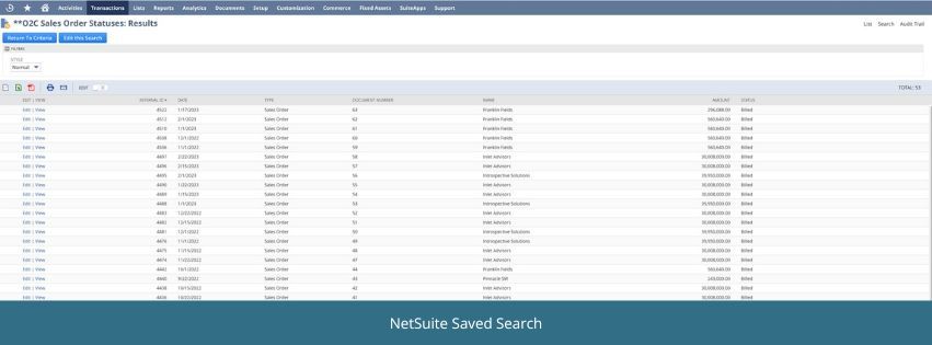 Screenshot of a NetSuite saved search.