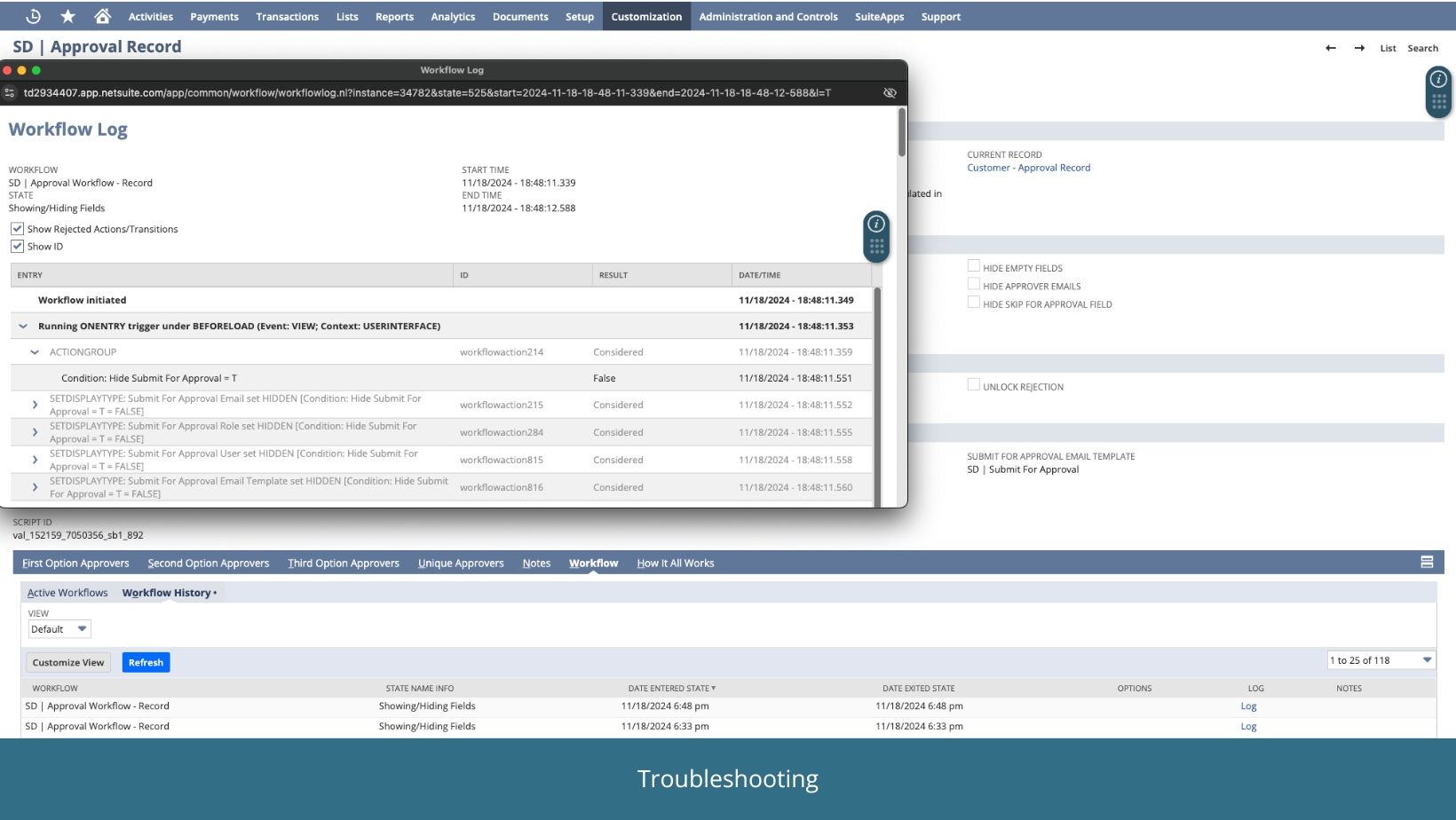 Screenshot showing troubleshooting in NetSuite.