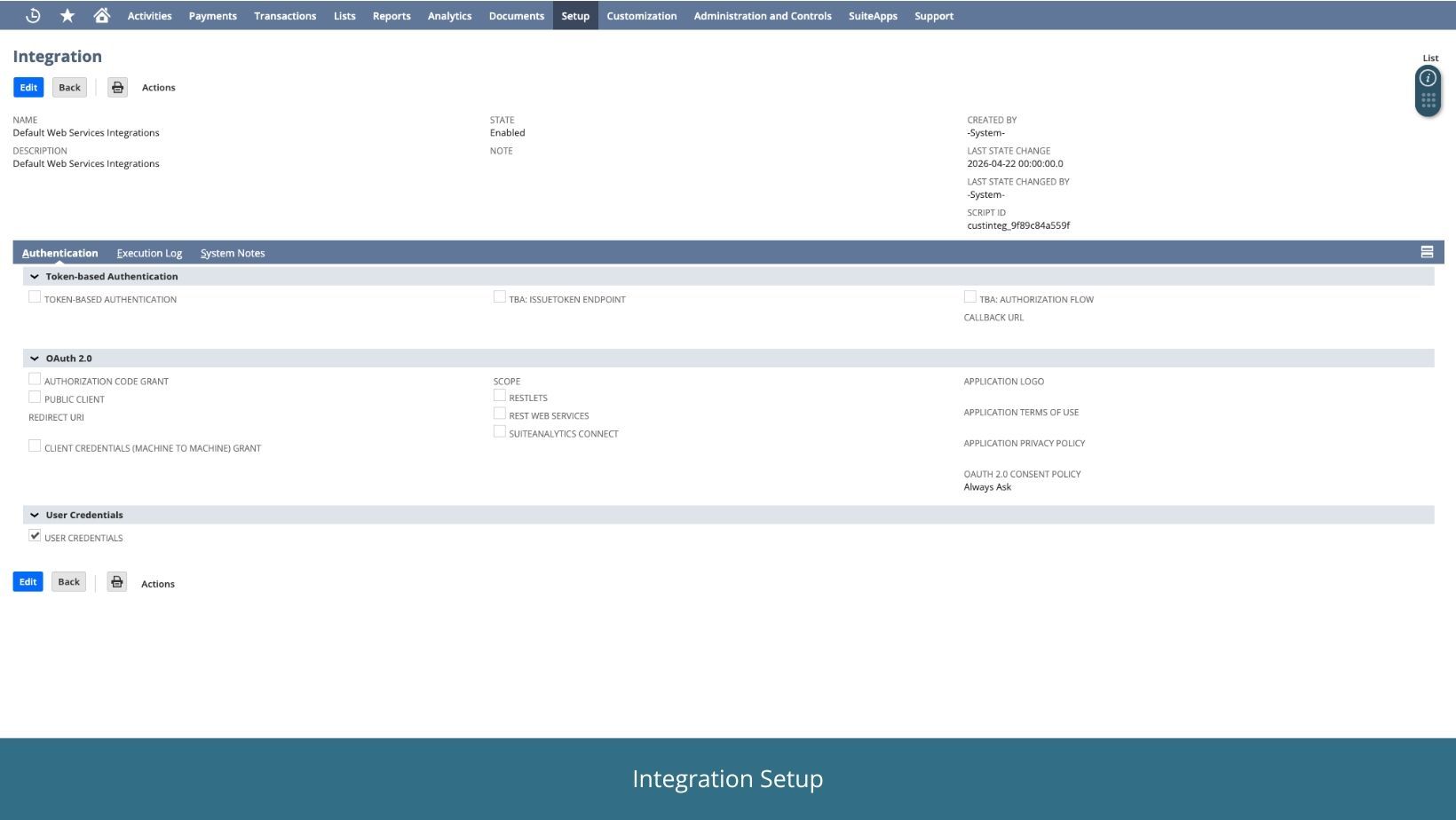 Screenshot of an integration setup.