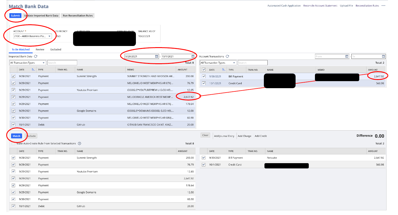 The fourth screenshot showing how to reconcile a credit card statement in NetSuite.