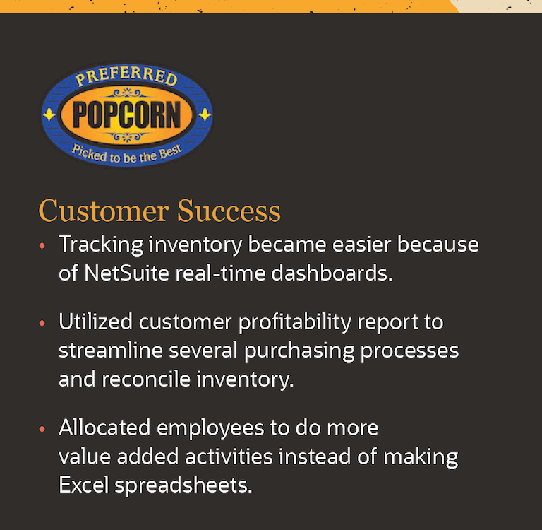 This is a graphic that expands on the success Preferred Popcorn has enjoyed while using NetSuite.