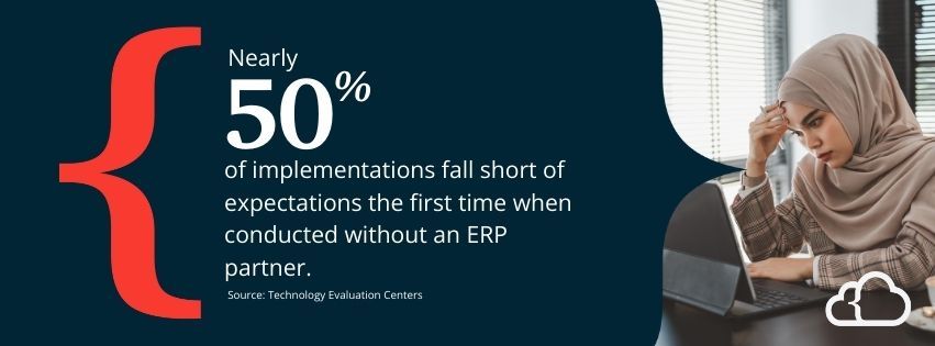 Graphic stating that nearly 50% of implementations fall short of expectations the first time when conducted without an ERP partner. 