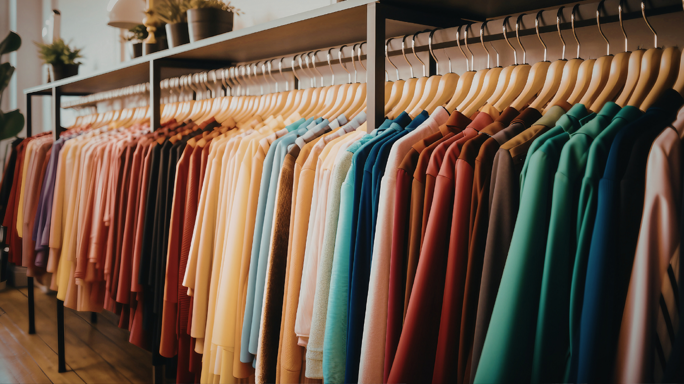 Clothing rack with rows of colorful shirts and jackets hanging in a store