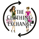 “The Clothing Exchange” logo with two fashion figures and circular arrows around the text