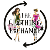 “The Clothing Exchange” logo with two fashion figures and circular arrows around the text