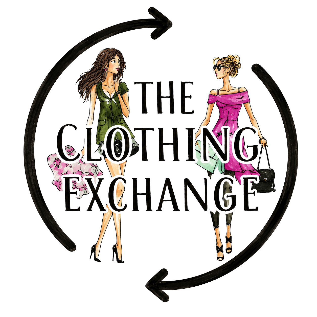 “The Clothing Exchange” logo with two fashion figures and circular arrows around the text