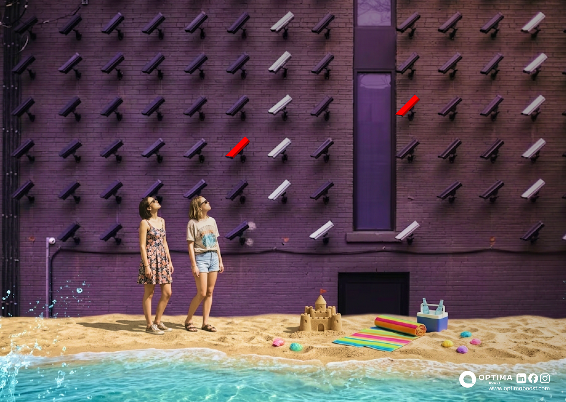 Two people stand on a small beach facing a purple wall covered in security cameras, with a sandcastle and beach items.