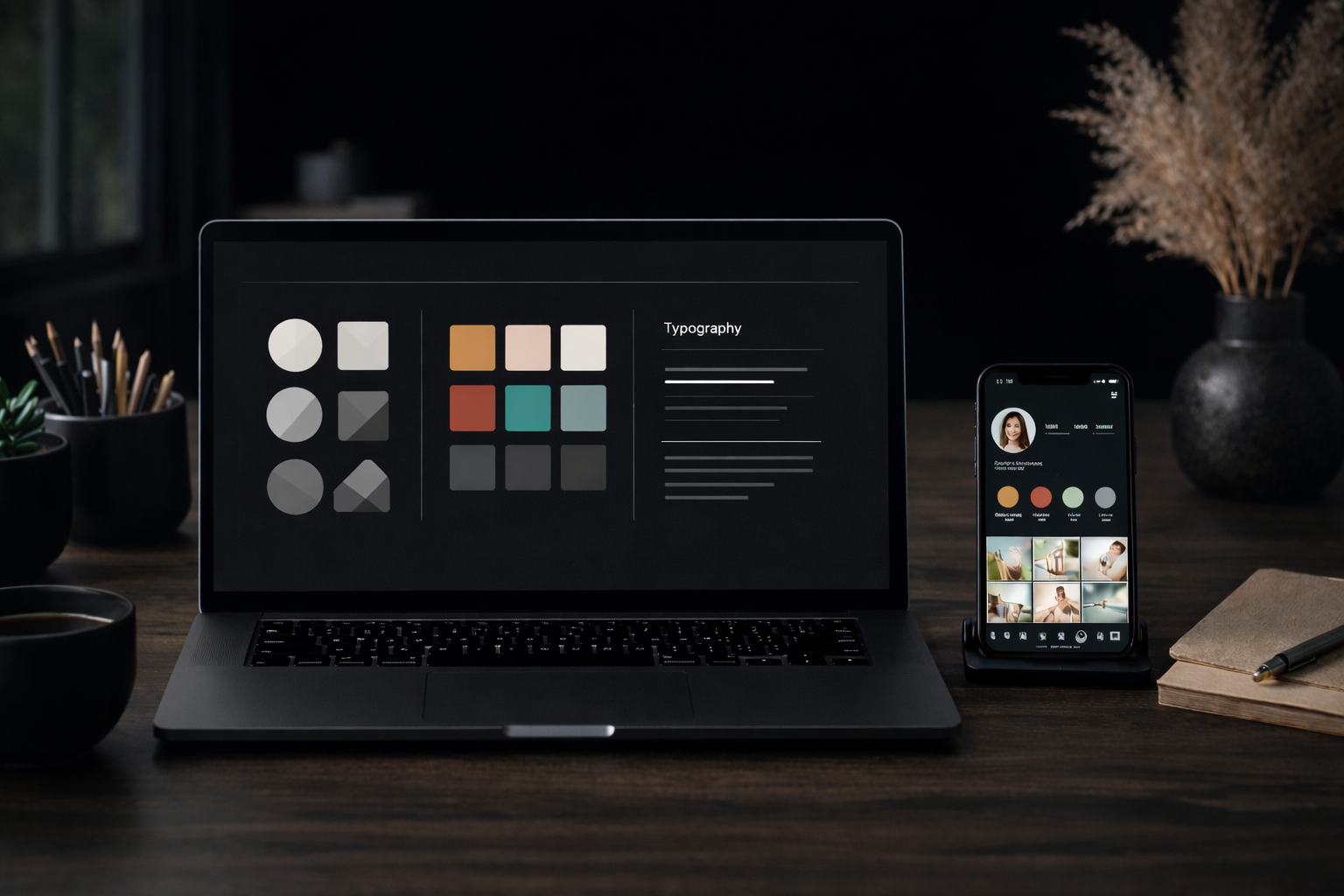 Laptop and phone displaying design elements on a dark desk. The phone shows a video call interface.