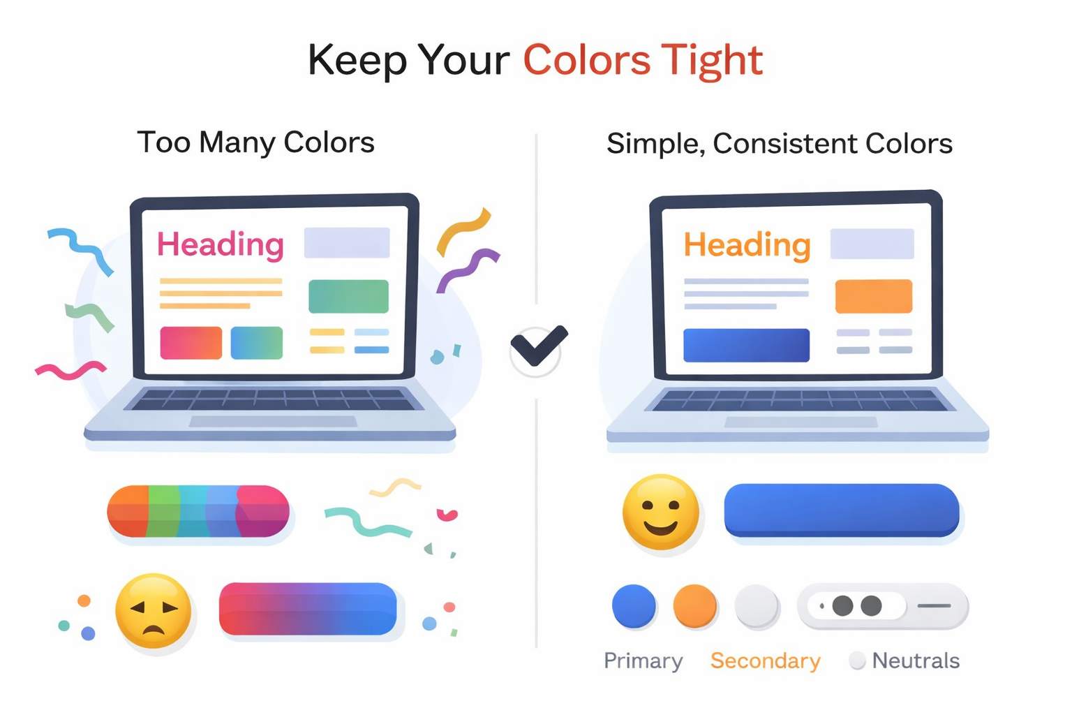 Comparison of web design: colorful vs. simple. Displays laptops, buttons, and icons. Correct design uses primary, secondary, and neutral colors.