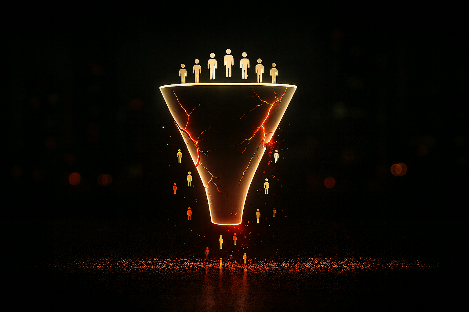 Glowing funnel shape with figures, illustrating conversion or process, against a dark background.