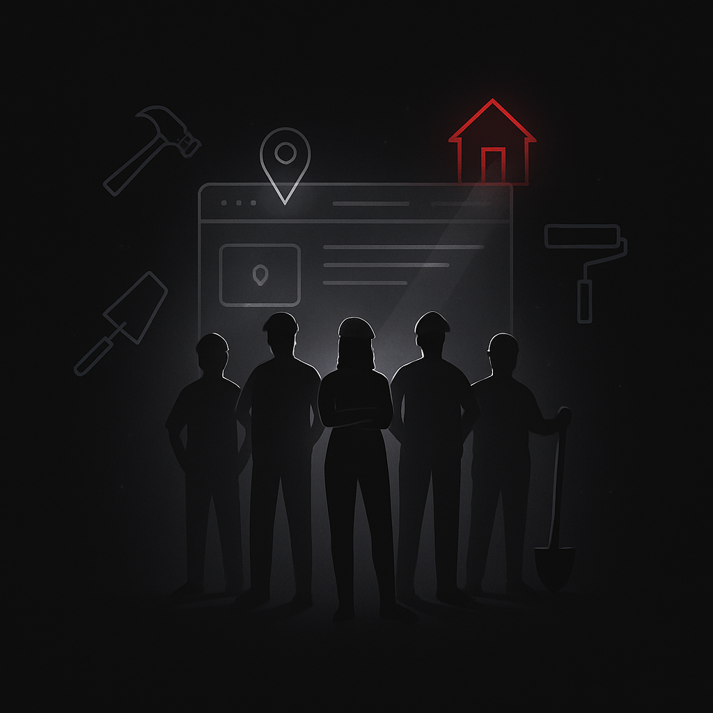 A group of construction workers are standing in front of a computer screen.