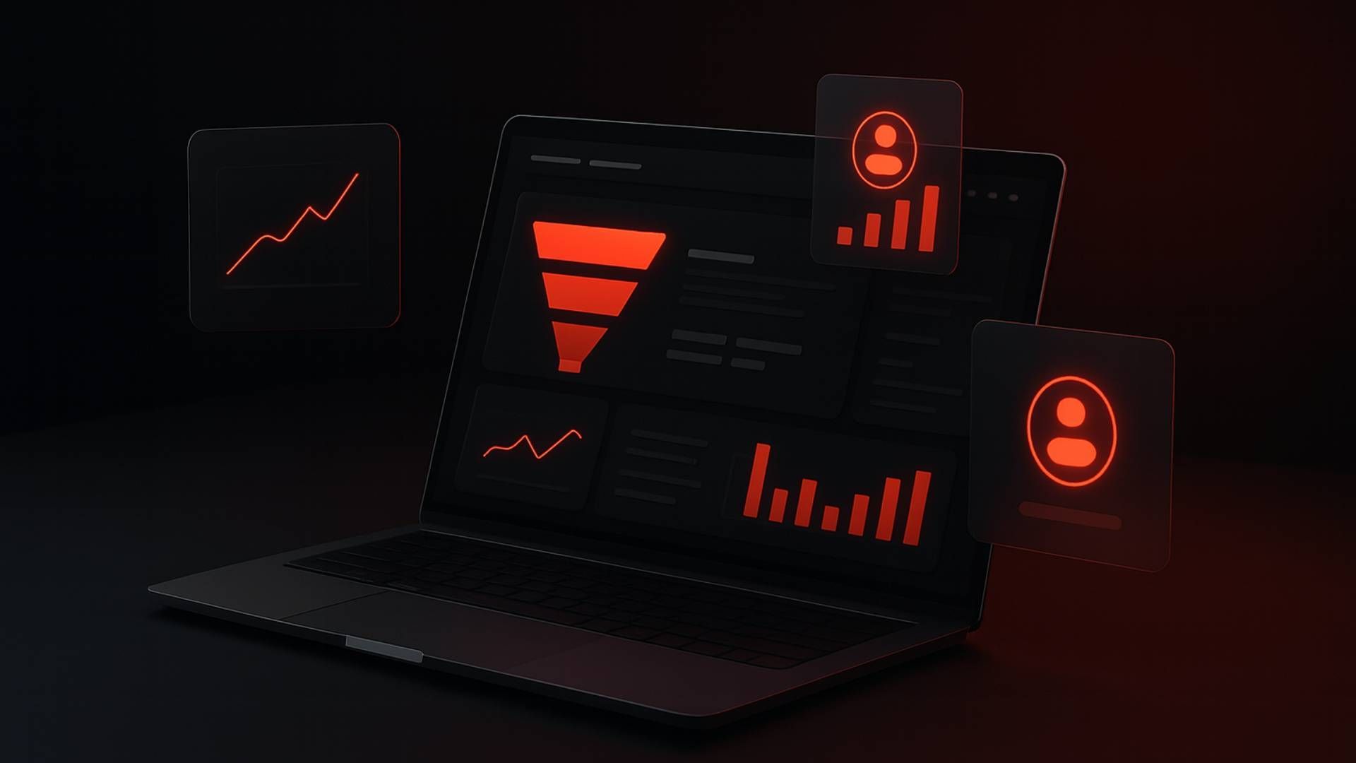 Laptop displaying a sales funnel and data visualizations, highlighted in red on a dark background.