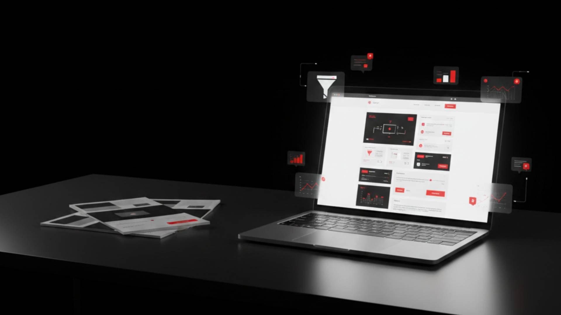 Laptop on a dark desk displaying website interface with floating data visualizations. Papers are to the left.