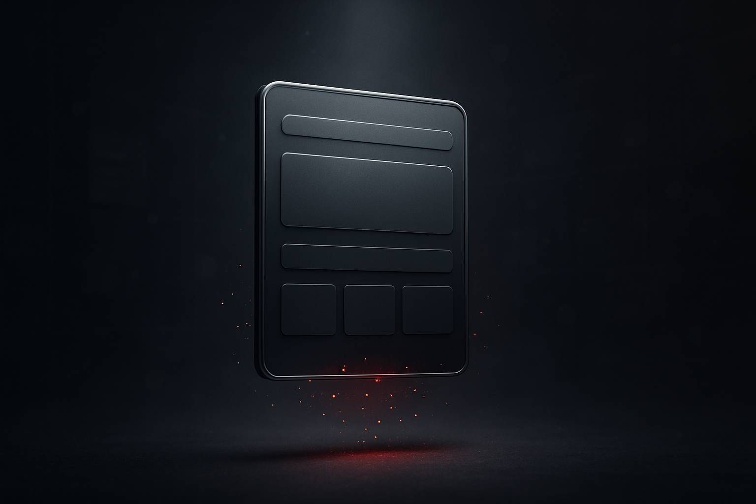 Black tablet floating with red light underneath, screen showing an interface, against dark background.