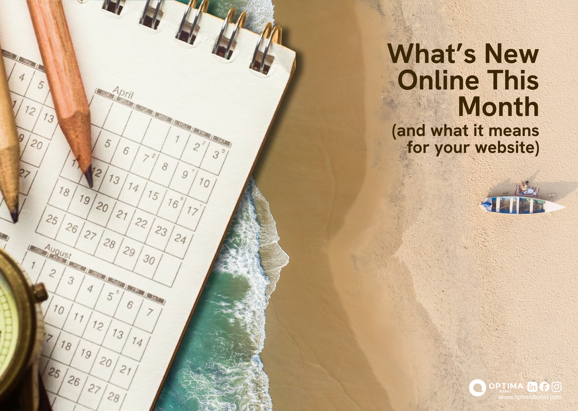 A calendar and pencils rest on a beach scene with text titled