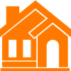 An orange house with white windows and a chimney