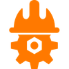 An orange icon of a hard hat and a gear.