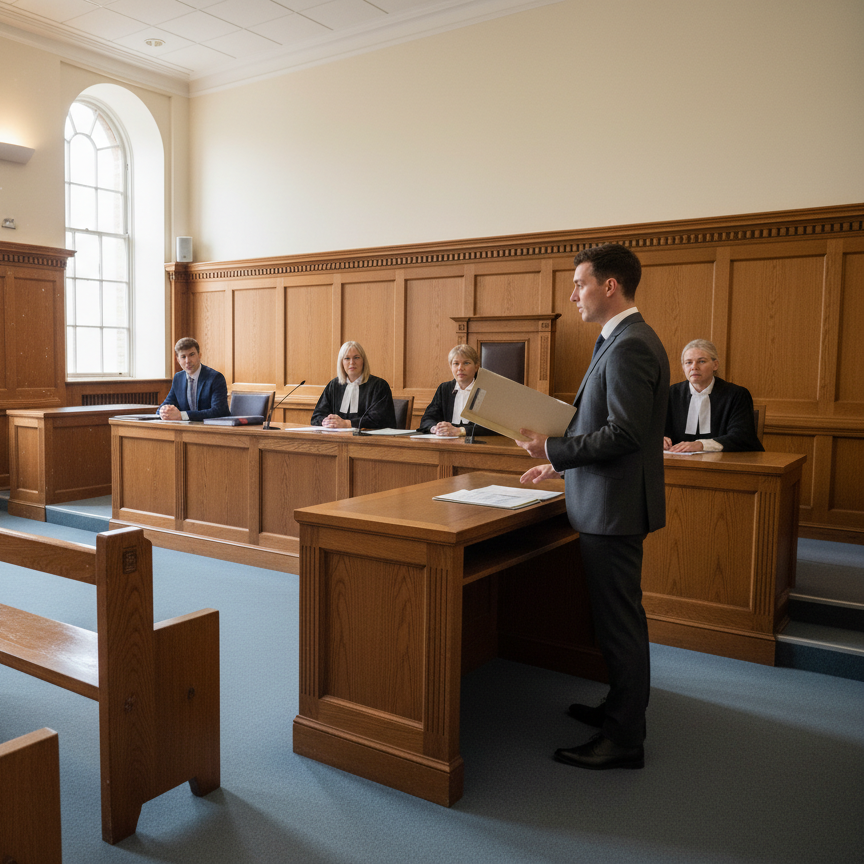A professional in a suit presents in a wood-paneled courtroom, with legal professionals seated at a desk behind them.