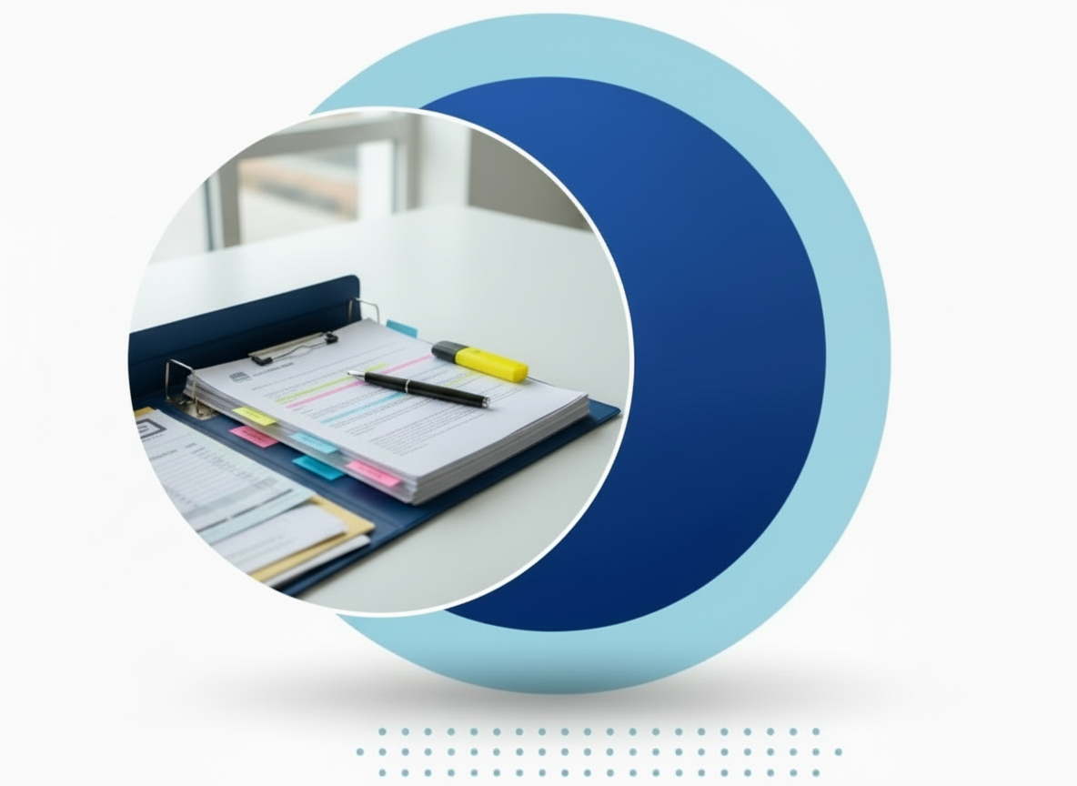 A person celebrating while sitting at a desk with a laptop and a mug, framed within circular blue graphic elements.