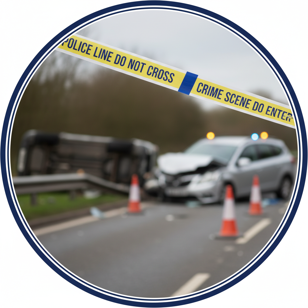 A car accident scene on a road with orange traffic cones and yellow police caution tape across the foreground.