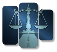 A blue graphic of a scale of justice positioned above a road, set against three overlapping vertical rectangles.