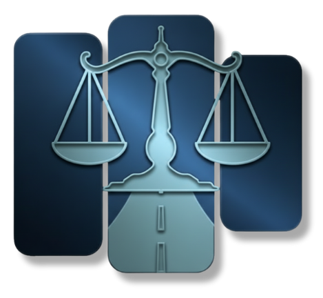 A light blue icon of a scale of justice centered over a road design on three dark blue vertical rectangular panels.